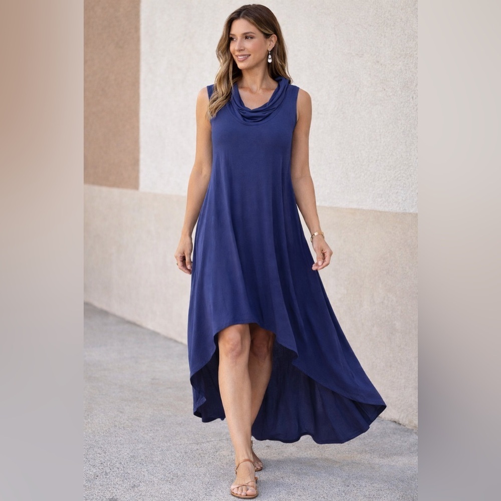 Soft Surroundings Hi-Low Maxi Dress Sleeveless Cowl Neck Blue 1X